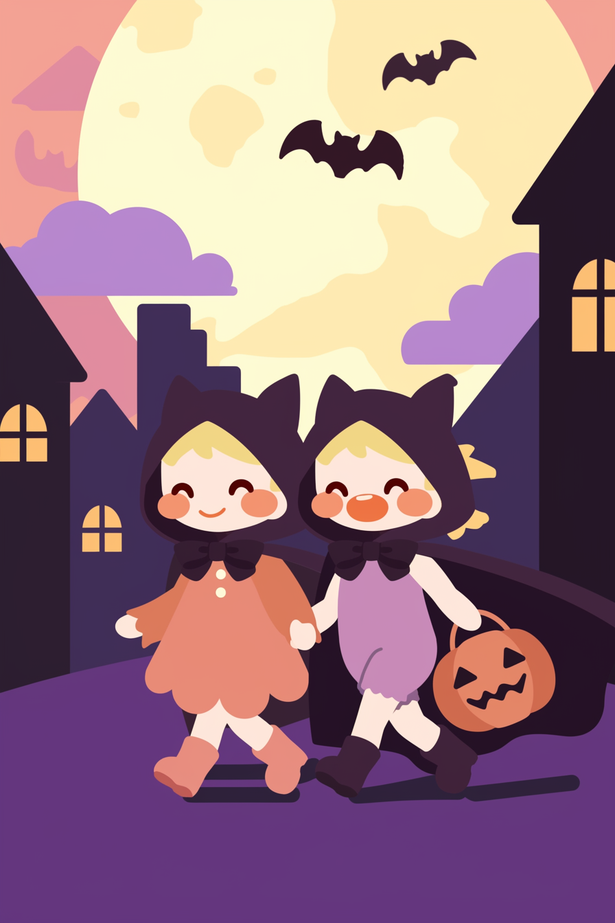 cute halloween drawings for kids featuring two joyful characters dressed in bat costumes, holding hands and walking under a big, bright moon with bats flying around. They smile brightly as they carry a pumpkin basket, against a backdrop of dark houses.